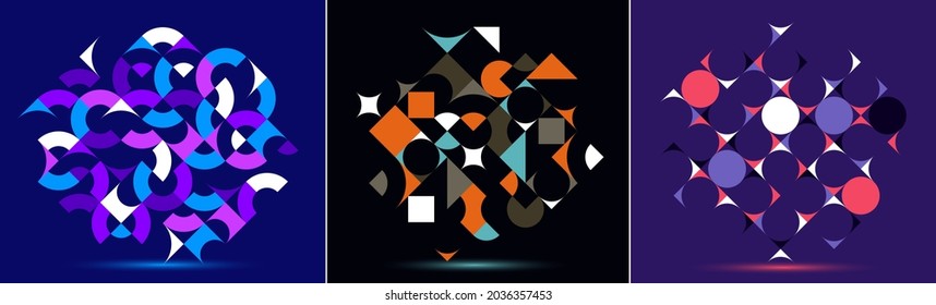 Abstract geometric backgrounds set, vector design elements in retro style of 70s, modern complex compositions with colorful geometrical shapes, modular designs.