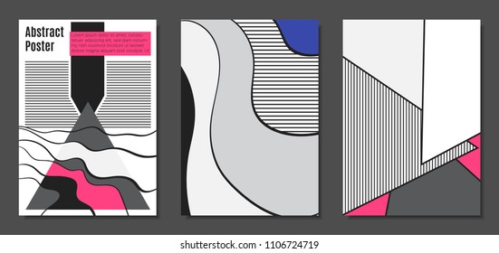 Abstract Geometric Backgrounds in Trendy Bright Colors. Placard Templates Set with Handwritten Wavy Stripes. Covers with Triangles and Abstract Geometric Shapes in Bauhaus Style for Brochure, Layout.