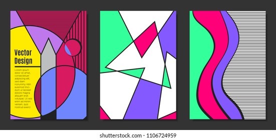 Abstract Geometric Backgrounds in Trendy Bright Colors. Placard Templates Set with Handwritten Wavy Stripes. Covers with Triangles and Abstract Geometric Shapes in Bauhaus Style for Brochure, Layout.