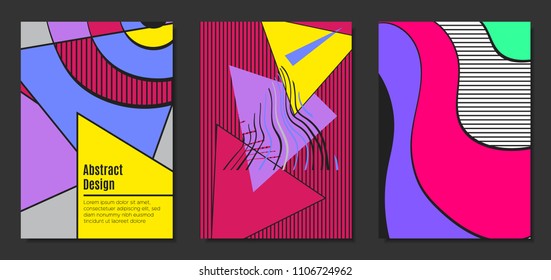 Abstract Geometric Backgrounds in Trendy Bright Colors. Placard Templates Set with Handwritten Wavy Stripes. Covers with Triangles and Abstract Geometric Shapes in Bauhaus Style for Brochure, Layout.