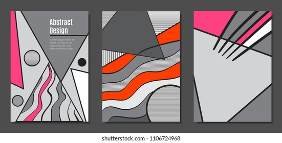 Abstract Geometric Backgrounds in Trendy Bright Colors. Placard Templates Set with Handwritten Wavy Stripes. Covers with Triangles and Abstract Geometric Shapes in Bauhaus Style for Brochure, Layout.