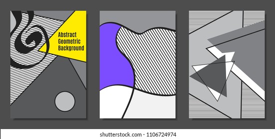 Abstract Geometric Backgrounds in Trendy Bright Colors. Placard Templates Set with Handwritten Wavy Stripes. Covers with Triangles and Abstract Geometric Shapes in Bauhaus Style for Brochure, Layout.