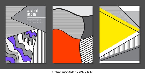 Abstract Geometric Backgrounds in Trendy Bright Colors. Placard Templates Set with Handwritten Wavy Stripes. Covers with Triangles and Abstract Geometric Shapes in Bauhaus Style for Brochure, Layout.