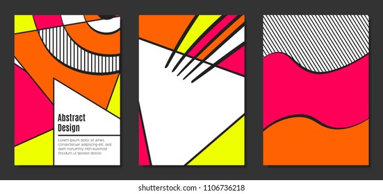 Abstract Geometric Backgrounds in Trendy Bright Colors. Placard Templates Set with Handwritten Wavy Stripes. Covers with Triangles and Abstract Geometric Shapes in Bauhaus Style for Brochure, Layout.