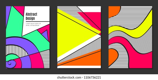 Abstract Geometric Backgrounds in Trendy Bright Colors. Placard Templates Set with Handwritten Wavy Stripes. Covers with Triangles and Abstract Geometric Shapes in Bauhaus Style for Brochure, Layout.