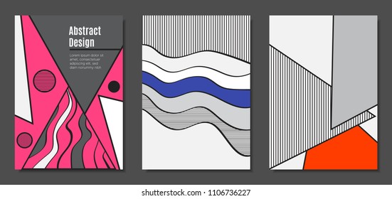 Abstract Geometric Backgrounds in Trendy Bright Colors. Placard Templates Set with Handwritten Wavy Stripes. Covers with Triangles and Abstract Geometric Shapes in Bauhaus Style for Brochure, Layout.