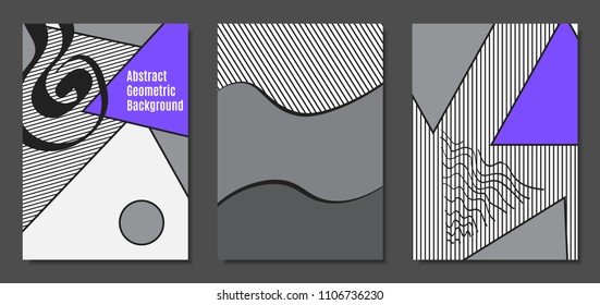 Abstract Geometric Backgrounds in Trendy Bright Colors. Placard Templates Set with Handwritten Wavy Stripes. Covers with Triangles and Abstract Geometric Shapes in Bauhaus Style for Brochure, Layout.