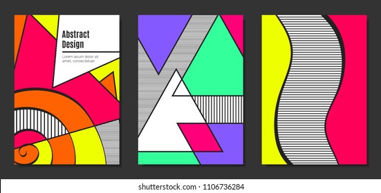 Abstract Geometric Backgrounds in Trendy Bright Colors. Placard Templates Set with Handwritten Wavy Stripes. Covers with Triangles and Abstract Geometric Shapes in Bauhaus Style for Brochure, Layout.