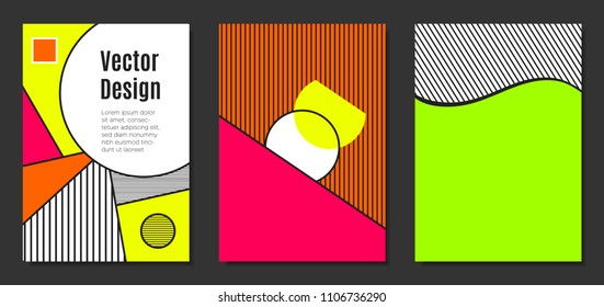 Abstract Geometric Backgrounds in Trendy Bright Colors. Placard Templates Set with Handwritten Wavy Stripes. Covers with Triangles and Abstract Geometric Shapes in Bauhaus Style for Brochure, Layout.