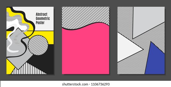 Abstract Geometric Backgrounds in Trendy Bright Colors. Placard Templates Set with Handwritten Wavy Stripes. Covers with Triangles and Abstract Geometric Shapes in Bauhaus Style for Brochure, Layout.