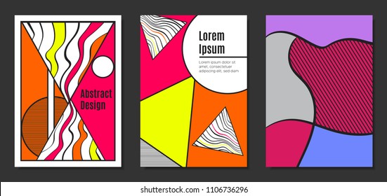 Abstract Geometric Backgrounds in Trendy Bright Colors. Placard Templates Set with Handwritten Wavy Stripes. Covers with Triangles and Abstract Geometric Shapes in Bauhaus Style for Brochure, Layout.