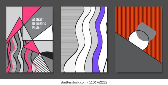 Abstract Geometric Backgrounds in Trendy Bright Colors. Placard Templates Set with Handwritten Wavy Stripes. Covers with Triangles and Abstract Geometric Shapes in Bauhaus Style for Brochure, Layout.