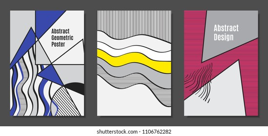 Abstract Geometric Backgrounds in Trendy Bright Colors. Placard Templates Set with Handwritten Wavy Stripes. Covers with Triangles and Abstract Geometric Shapes in Bauhaus Style for Brochure, Layout.