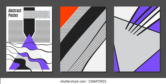 Abstract Geometric Backgrounds in Trendy Bright Colors. Placard Templates Set with Handwritten Wavy Stripes. Covers with Triangles and Abstract Geometric Shapes in Bauhaus Style for Brochure, Layout.