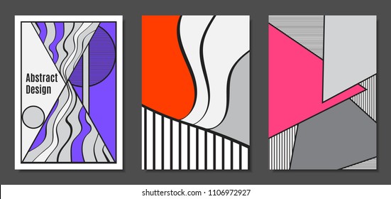 Abstract Geometric Backgrounds in Trendy Bright Colors. Placard Templates Set with Handwritten Wavy Stripes. Covers with Triangles and Abstract Geometric Shapes in Bauhaus Style for Brochure, Layout.