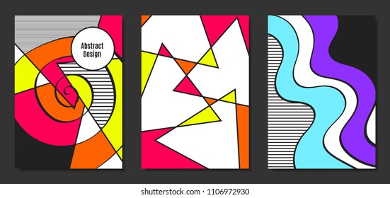 Abstract Geometric Backgrounds in Trendy Bright Colors. Placard Templates Set with Handwritten Wavy Stripes. Covers with Triangles and Abstract Geometric Shapes in Bauhaus Style for Brochure, Layout.
