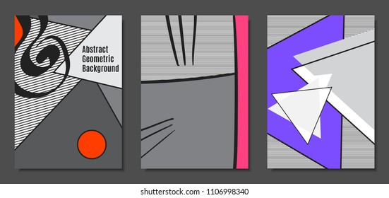 Abstract Geometric Backgrounds in Trendy Bright Colors. Placard Templates Set with Handwritten Wavy Stripes. Covers with Triangles and Abstract Geometric Shapes in Bauhaus Style for Brochure, Layout.