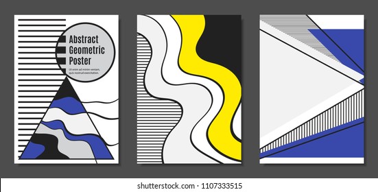 Abstract Geometric Backgrounds in Trendy Bright Colors. Placard Templates Set with Handwritten Wavy Stripes. Covers with Triangles and Abstract Geometric Shapes in Bauhaus Style for Brochure, Layout.