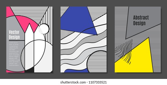 Abstract Geometric Backgrounds in Trendy Bright Colors. Placard Templates Set with Handwritten Wavy Stripes. Covers with Triangles and Abstract Geometric Shapes in Bauhaus Style for Brochure, Layout.