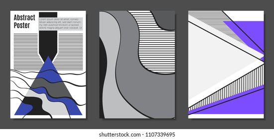 Abstract Geometric Backgrounds in Trendy Bright Colors. Placard Templates Set with Handwritten Wavy Stripes. Covers with Triangles and Abstract Geometric Shapes in Bauhaus Style for Brochure, Layout.