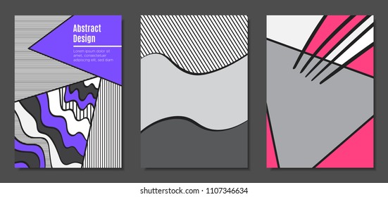 Abstract Geometric Backgrounds in Trendy Bright Colors. Placard Templates Set with Handwritten Wavy Stripes. Covers with Triangles and Abstract Geometric Shapes in Bauhaus Style for Brochure, Layout.