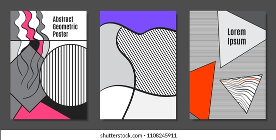 Abstract Geometric Backgrounds in Trendy Bright Colors. Placard Templates Set with Handwritten Wavy Stripes. Covers with Triangles and Abstract Geometric Shapes in Bauhaus Style for Brochure, Layout.