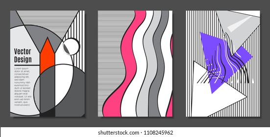 Abstract Geometric Backgrounds in Trendy Bright Colors. Placard Templates Set with Handwritten Wavy Stripes. Covers with Triangles and Abstract Geometric Shapes in Bauhaus Style for Brochure, Layout.