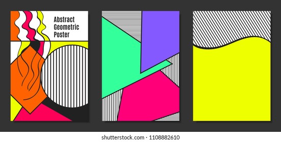 Abstract Geometric Backgrounds in Trendy Bright Colors. Placard Templates Set with Handwritten Wavy Stripes. Covers with Triangles and Abstract Geometric Shapes in Bauhaus Style for Brochure, Layout.