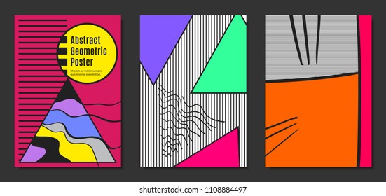 Abstract Geometric Backgrounds in Trendy Bright Colors. Placard Templates Set with Handwritten Wavy Stripes. Covers with Triangles and Abstract Geometric Shapes in Bauhaus Style for Brochure, Layout.