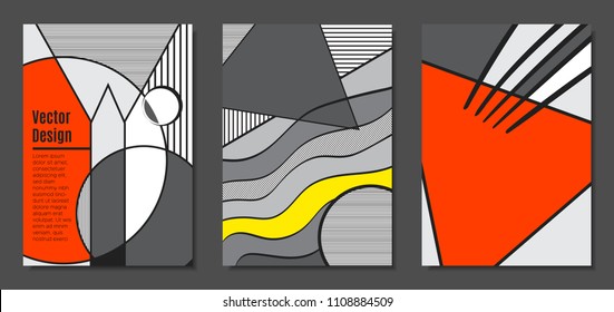 Abstract Geometric Backgrounds in Trendy Bright Colors. Placard Templates Set with Handwritten Wavy Stripes. Covers with Triangles and Abstract Geometric Shapes in Bauhaus Style for Brochure, Layout.