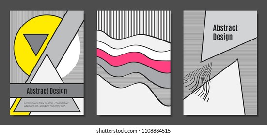 Abstract Geometric Backgrounds in Trendy Bright Colors. Placard Templates Set with Handwritten Wavy Stripes. Covers with Triangles and Abstract Geometric Shapes in Bauhaus Style for Brochure, Layout.