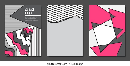 Abstract Geometric Backgrounds in Trendy Bright Colors. Placard Templates Set with Handwritten Wavy Stripes. Covers with Triangles and Abstract Geometric Shapes in Bauhaus Style for Brochure, Layout.