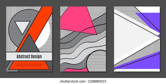 Abstract Geometric Backgrounds in Trendy Bright Colors. Placard Templates Set with Handwritten Wavy Stripes. Covers with Triangles and Abstract Geometric Shapes in Bauhaus Style for Brochure, Layout.