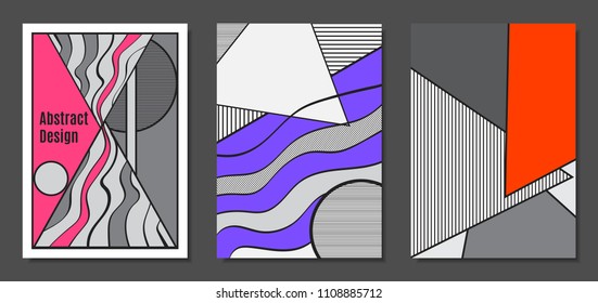 Abstract Geometric Backgrounds in Trendy Bright Colors. Placard Templates Set with Handwritten Wavy Stripes. Covers with Triangles and Abstract Geometric Shapes for Brochure, Layout.