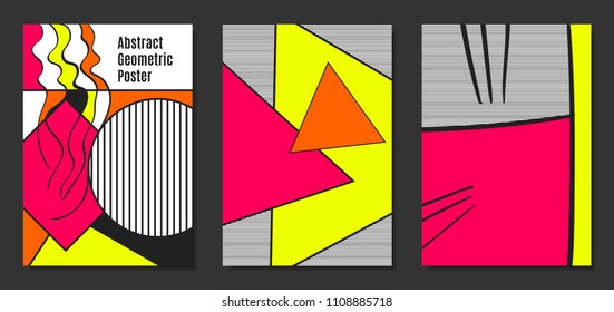 Abstract Geometric Backgrounds in Trendy Bright Colors. Placard Templates Set with Handwritten Wavy Stripes. Covers with Triangles and Abstract Geometric Shapes in Bauhaus Style for Brochure, Layout.