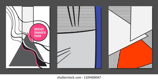 Abstract Geometric Backgrounds in Trendy Bright Colors. Placard Templates Set with Handwritten Wavy Stripes. Covers with Triangles and Abstract Geometric Shapes in Bauhaus Style for Brochure, Layout.