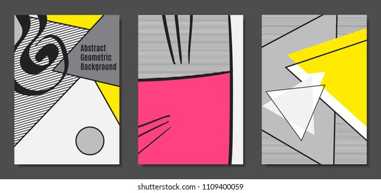 Abstract Geometric Backgrounds in Trendy Bright Colors. Placard Templates Set with Handwritten Wavy Stripes. Covers with Triangles and Abstract Geometric Shapes in Bauhaus Style for Brochure, Layout.
