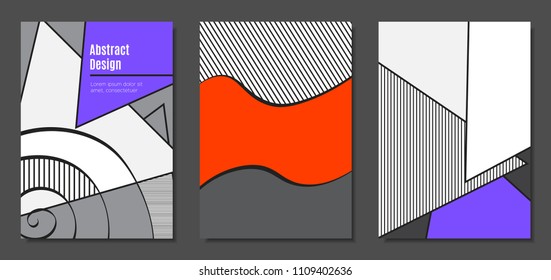 Abstract Geometric Backgrounds in Trendy Bright Colors. Placard Templates Set with Handwritten Wavy Stripes. Covers with Triangles and Abstract Geometric Shapes in Bauhaus Style for Brochure, Layout.