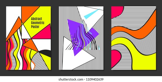 Abstract Geometric Backgrounds in Trendy Bright Colors. Placard Templates Set with Handwritten Wavy Stripes. Covers with Triangles and Abstract Geometric Shapes in Bauhaus Style for Brochure, Layout.