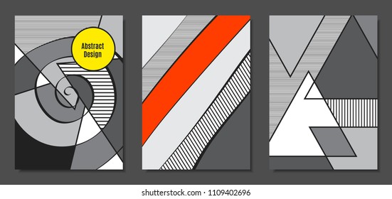Abstract Geometric Backgrounds in Trendy Bright Colors. Placard Templates Set with Handwritten Wavy Stripes. Covers with Triangles and Abstract Geometric Shapes in Bauhaus Style for Brochure, Layout.