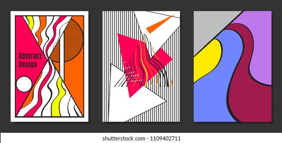 Abstract Geometric Backgrounds in Trendy Bright Colors. Placard Templates Set with Handwritten Wavy Stripes. Covers with Triangles and Abstract Geometric Shapes in Bauhaus Style for Brochure, Layout.
