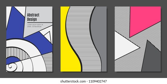 Abstract Geometric Backgrounds in Trendy Bright Colors. Placard Templates Set with Handwritten Wavy Stripes. Covers with Triangles and Abstract Geometric Shapes in Bauhaus Style for Brochure, Layout.