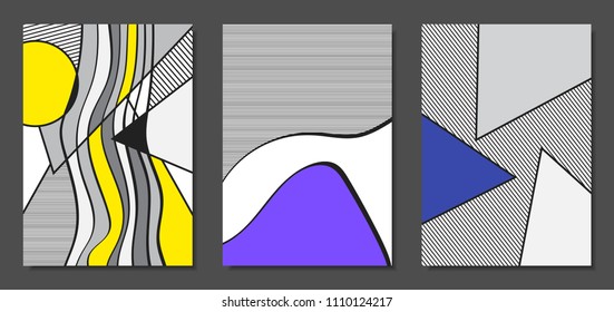 Abstract Geometric Backgrounds in Trendy Bright Colors. Placard Templates Set with Handwritten Wavy Stripes. Covers with Triangles and Abstract Geometric Shapes in Bauhaus Style for Brochure, Layout.