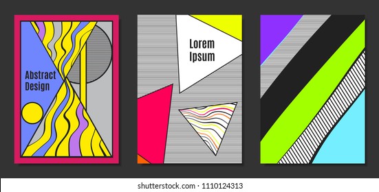 Abstract Geometric Backgrounds in Trendy Bright Colors. Placard Templates Set with Handwritten Wavy Stripes. Covers with Triangles and Abstract Geometric Shapes in Bauhaus Style for Brochure, Layout.