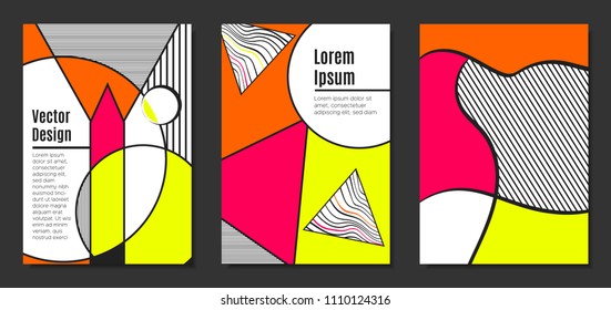 Abstract Geometric Backgrounds in Trendy Bright Colors. Placard Templates Set with Handwritten Wavy Stripes. Covers with Triangles and Abstract Geometric Shapes in Bauhaus Style for Brochure, Layout.