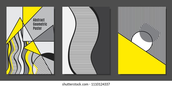 Abstract Geometric Backgrounds in Trendy Bright Colors. Placard Templates Set with Handwritten Wavy Stripes. Covers with Triangles and Abstract Geometric Shapes in Bauhaus Style for Brochure, Layout.