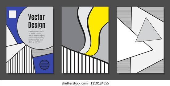 Abstract Geometric Backgrounds in Trendy Bright Colors. Placard Templates Set with Handwritten Wavy Stripes. Covers with Triangles and Abstract Geometric Shapes in Bauhaus Style for Brochure, Layout.