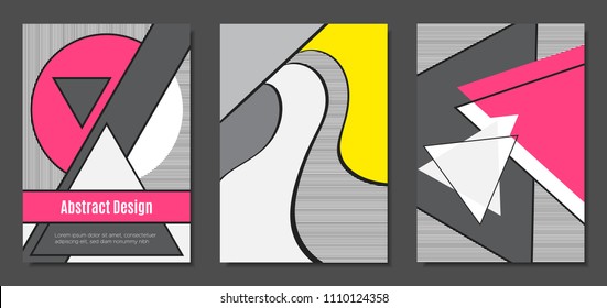 Abstract Geometric Backgrounds in Trendy Bright Colors. Placard Templates Set with Handwritten Wavy Stripes. Covers with Triangles and Abstract Geometric Shapes in Bauhaus Style for Brochure, Layout.