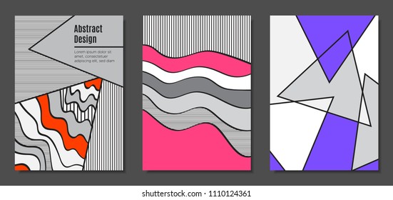 Abstract Geometric Backgrounds in Trendy Bright Colors. Placard Templates Set with Handwritten Wavy Stripes. Covers with Triangles and Abstract Geometric Shapes in Bauhaus Style for Brochure, Layout.