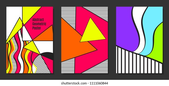 Abstract Geometric Backgrounds in Trendy Bright Colors. Placard Templates Set with Handwritten Wavy Stripes. Covers with Triangles and Abstract Geometric Shapes in Bauhaus Style for Brochure, Layout.